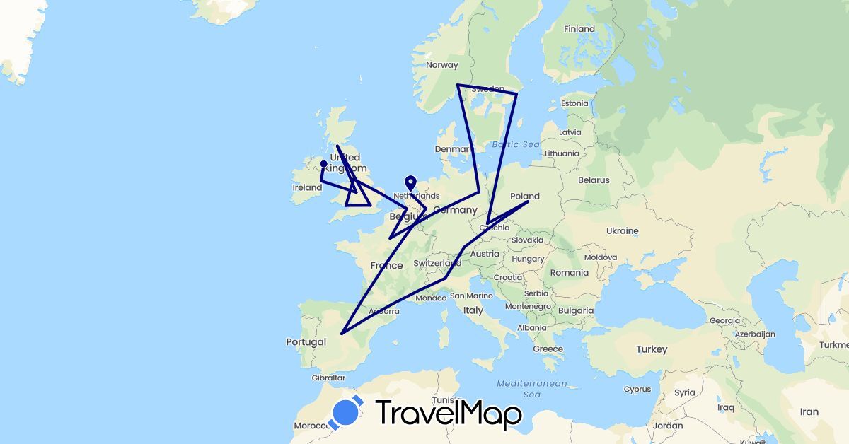 TravelMap itinerary: driving in Belgium, Czech Republic, Germany, Denmark, Spain, France, United Kingdom, Ireland, Italy, Netherlands, Norway, Poland, Sweden (Europe)